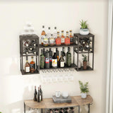 HEONITURE Wall Mounted Wine Rack with Glass Holder,Metal Floating Bar Liquor Shelves 2 Tier,Wine Glass Rack Multi Functional Wine Storage Display Rack for Home Bar Dining Room Kitchen HEONITURE