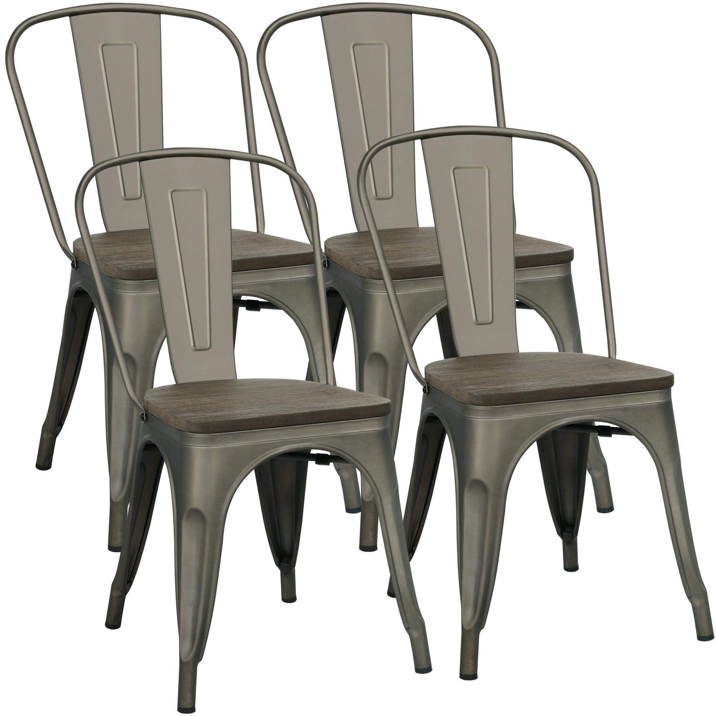 Yaheetech Metal Dining Chairs with Wood Seat/Top Stackable Side Chairs Kitchen Chairs with Back Indoor-Outdoor Classic/Chic/Industrial/Vintage Bistro Cafe Trattoria Kitchen Gun Metal, Set of 4