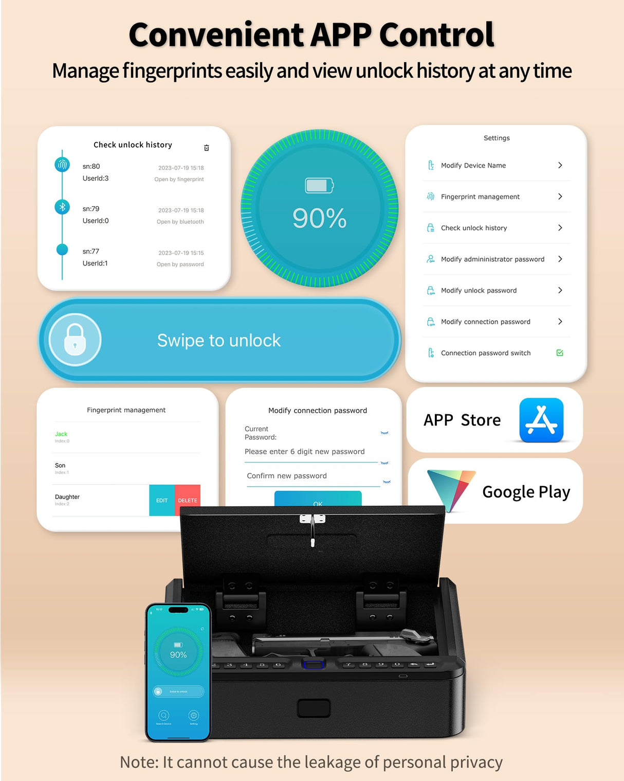 BILLCONCH Gun Safe for Handgun - Biometric Gun Safe 4 Ways Quick Access with Fingerprint/Full-digital Keypad/Key/APP Lock Handgun Pistol Safe for Nightstand Bedside Home Car BILLCONCH