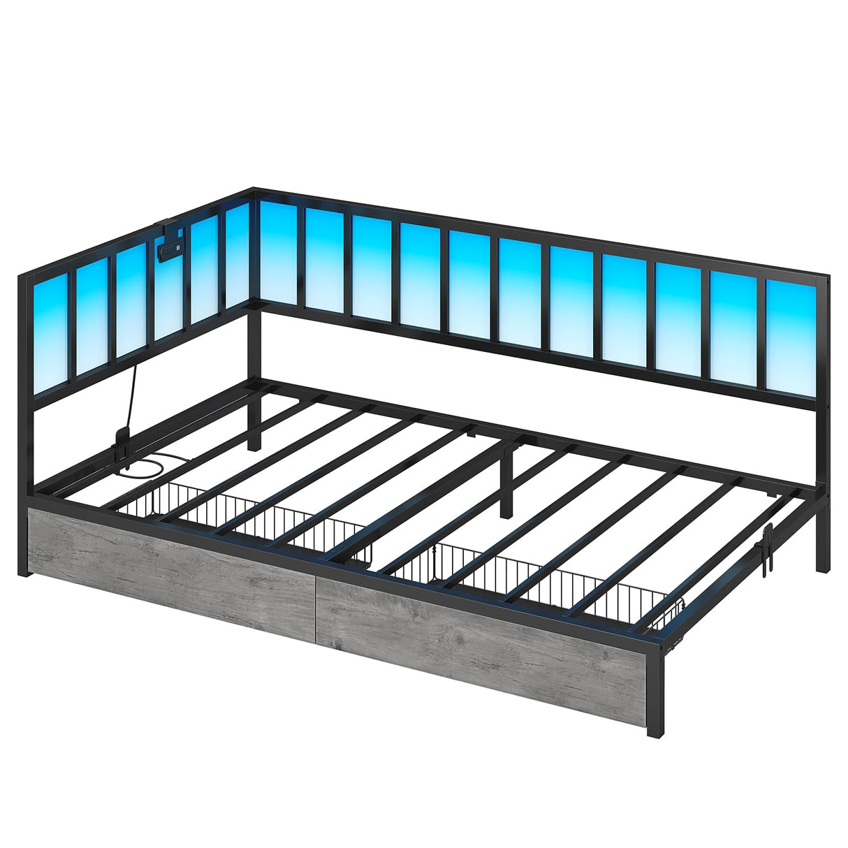 Hasuit Twin Corner Bed Frame with Storage Drawers, Twin Size Bed with Fence, Teenagers/Kids Bed Unit with Charging Station and LED Light, Black Modern Daybed Reversible Left or Right Hasuit
