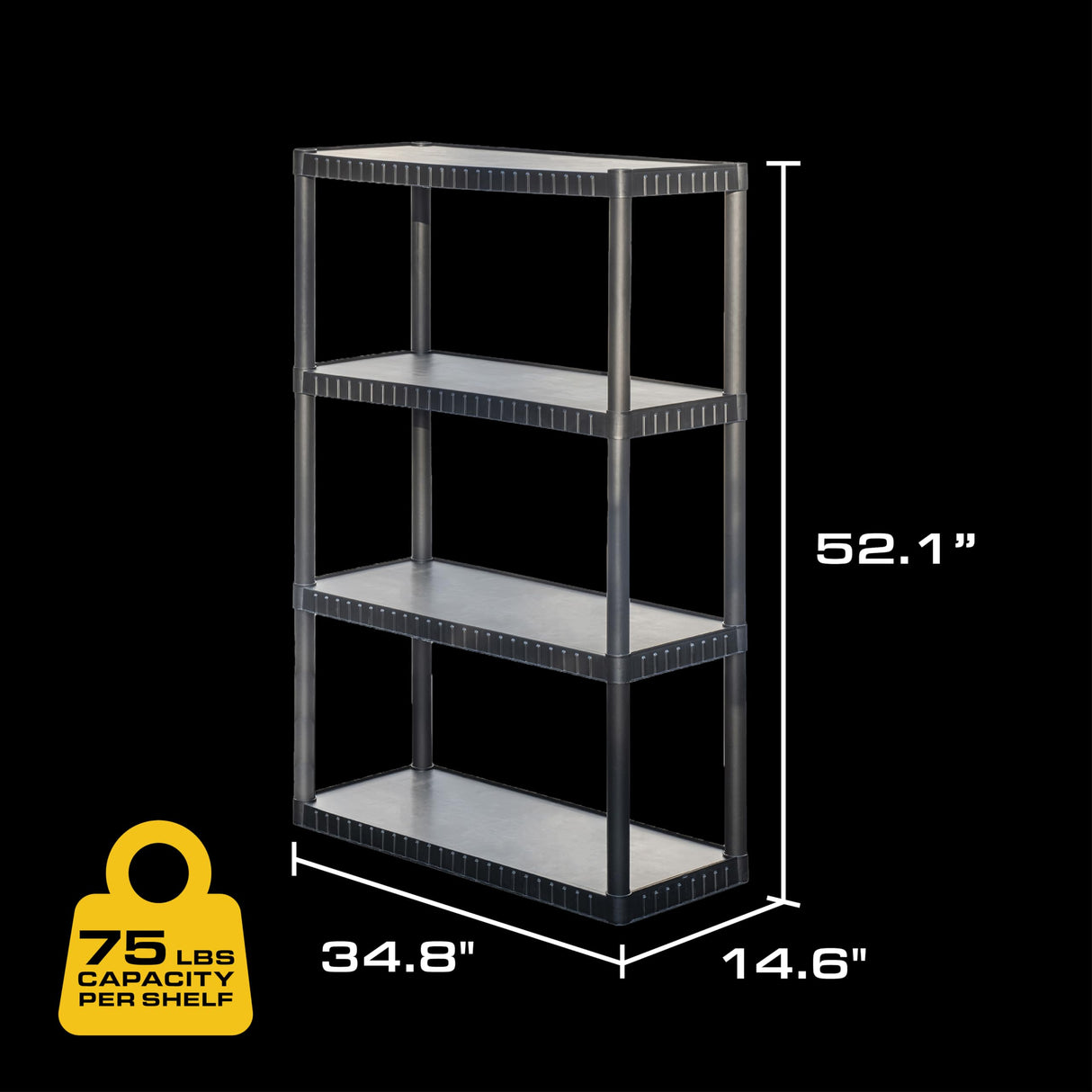 CX 4-Tier (52.1”H x 34.8”W x 14.6”D) Plastic Storage Shelving Unit (Black), Medium Duty, 75lbs Per Shelf Capacity, Indoor Storage and Organization in Home, Garage, Office with Easy Assembly CENTREX