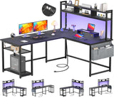 Aheaplus Reversible L-Shaped Desk with Power Outlet, LED Strip, and Storage – Modern Black Gaming & Home Office Solution Aheaplus