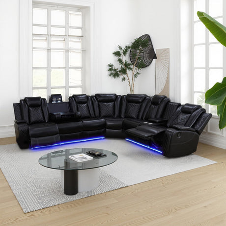 Power Recliner Sectional Sofa with LED Light, Breathing Leather Recliner Sofa Couch with Wireless Charger/Cup Holder for Living Room Home Office Theater (All Black) Pon Living Furniture Inc