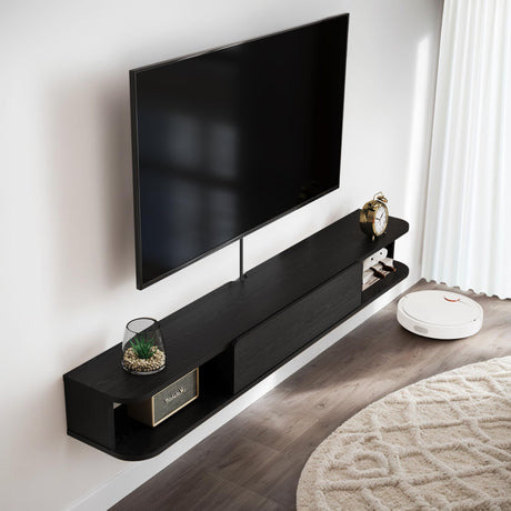 Pmnianhua Floating TV Stand with Drawer,59'' Wall-Mounted TV Cabinet,Floating TV Console,Under TV Entertainment Shelf with Storage for Bedroom Living Room(Black) Pmnianhua