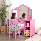 INFANS Kids Vanity, 2 in 1 Princess Makeup Desk & Chair Set with Tri-Folding Detachable Mirror, Large Storage Shelves, Wooden Pretend Play Dressing INFANS