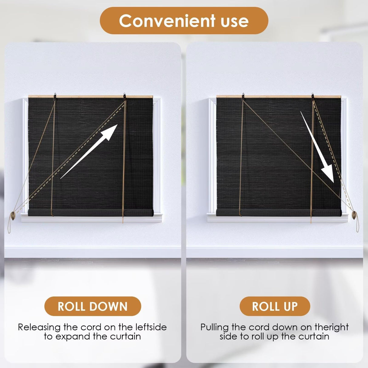 Bamboo Roller Blinds Shades,Outdoor Bamboo Roll Up,Vertical Lifting,Natural,Breathable,Waterproof Roller Shades for Privacy Protection,Sun Shade,Blackout,Ventilation,Easy Installation,35x72in（WxH BAYUE