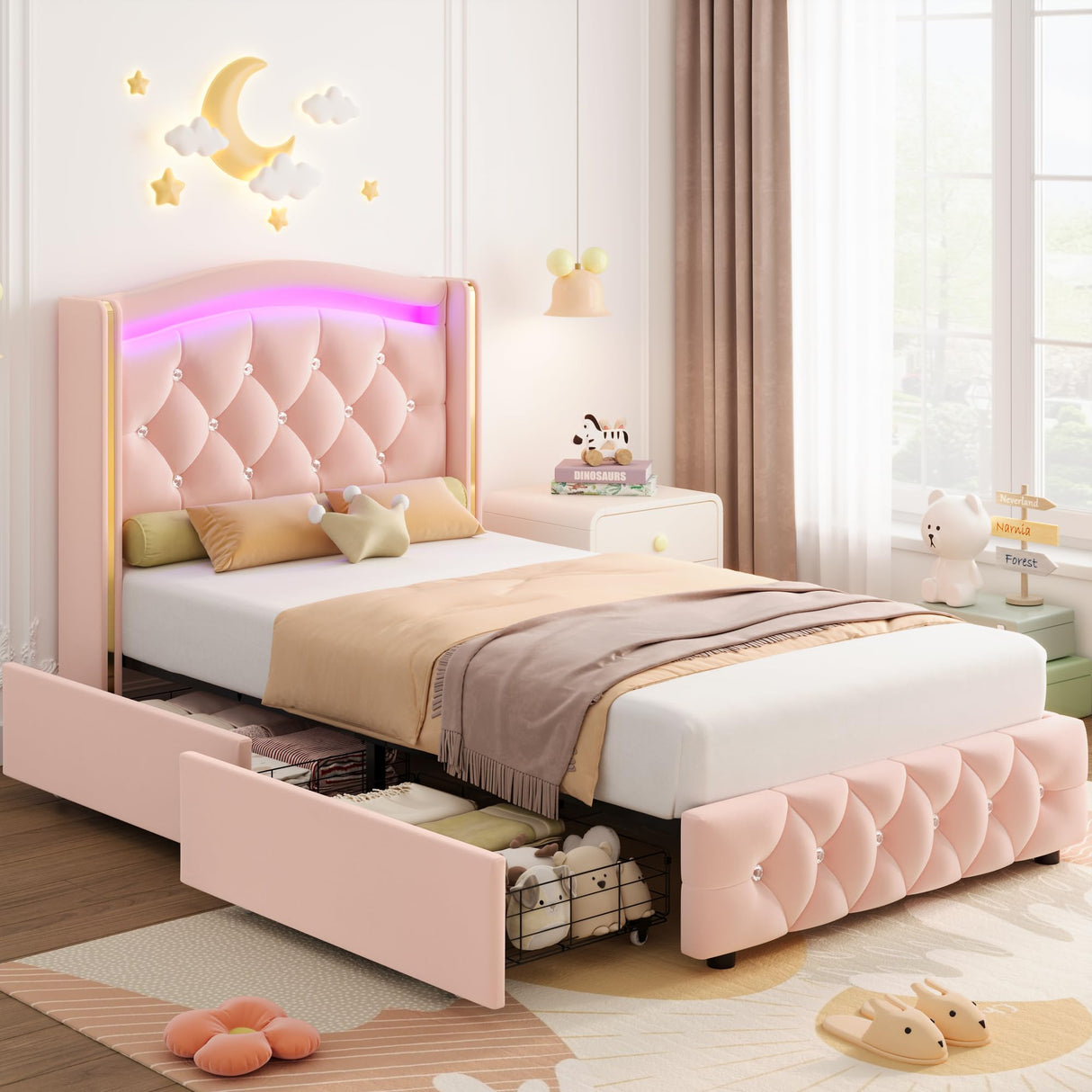HIFIT Upholstered Twin LED Bed Frame with Crystal Button-Tufted Headboard and 4 Storage Drawers, Velvet Princess Twin Size Platform Bed Frames for Kids/Girls, No Box Spring Needed, Easy Assembly, Pink HIFIT