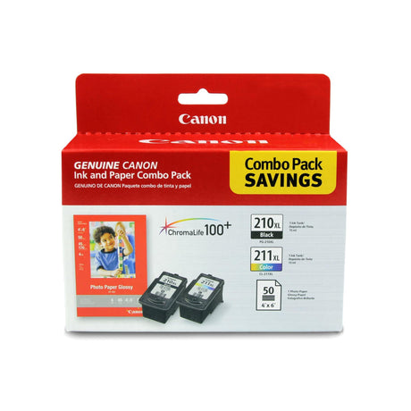 Canon PG-210 XL / CL-211 XL Genuine Ink Value Pack (2 Cartridges) with 50-Sheet Photo Paper, Compatible with MX320/330/340/350/410/420, MP240/250/270/280/480/490/495, iP2702 Canon