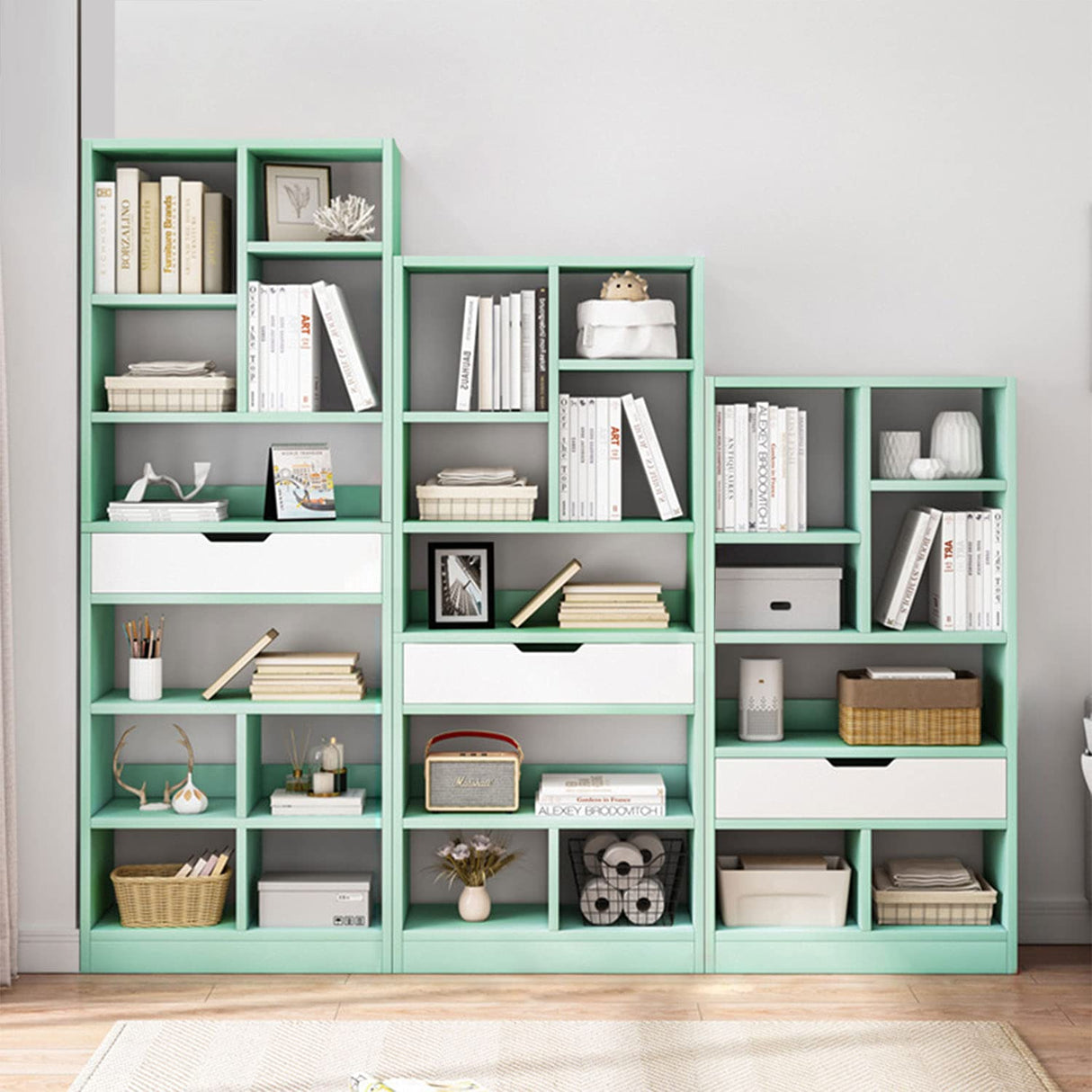 IOTXY Wooden Open Shelf Bookcase - 61 Inches Height Freestanding Display Storage Cabinet Organizer with 8 Cubes and a Drawer, Floor Standing Bookshelf in Tiffany-Green IOTXY
