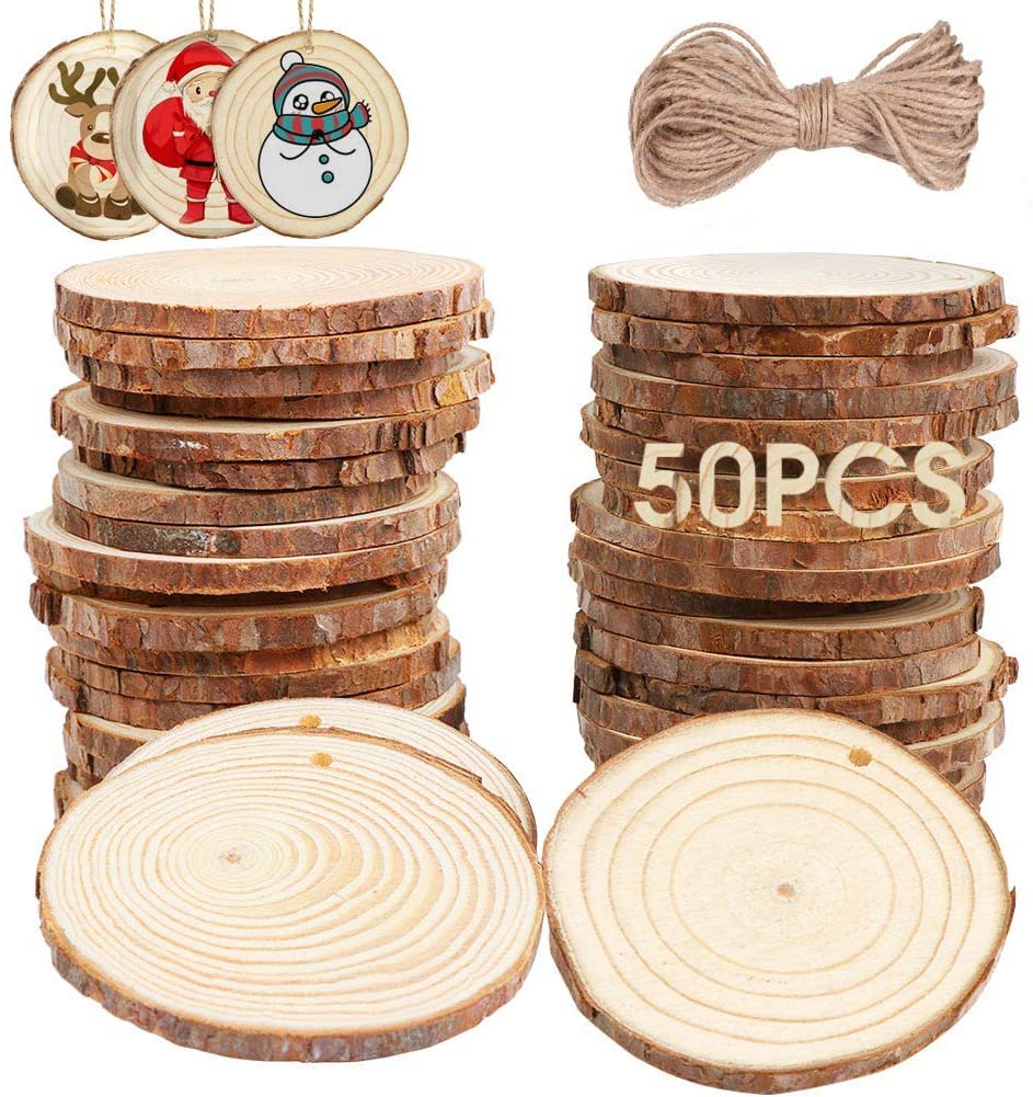 OurWarm 50pcs Natural Wood Slices, Unfinished Wood Circles for Crafts Centerpieces, 2.0-2.5 Inches Predrilled Wood Craft Kit for Arts and DIY Christmas Tree Ornaments