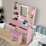 QUALIKRAFT Vanity Set with Mirror and Stool and Lights, Vanity Desk with Mirror & Power Outlet, Vanity Desk with Drawers, Pink Vanity with Lighted Mirror, Dressing Table Set with 2 Large Drawers QUALIKRAFT