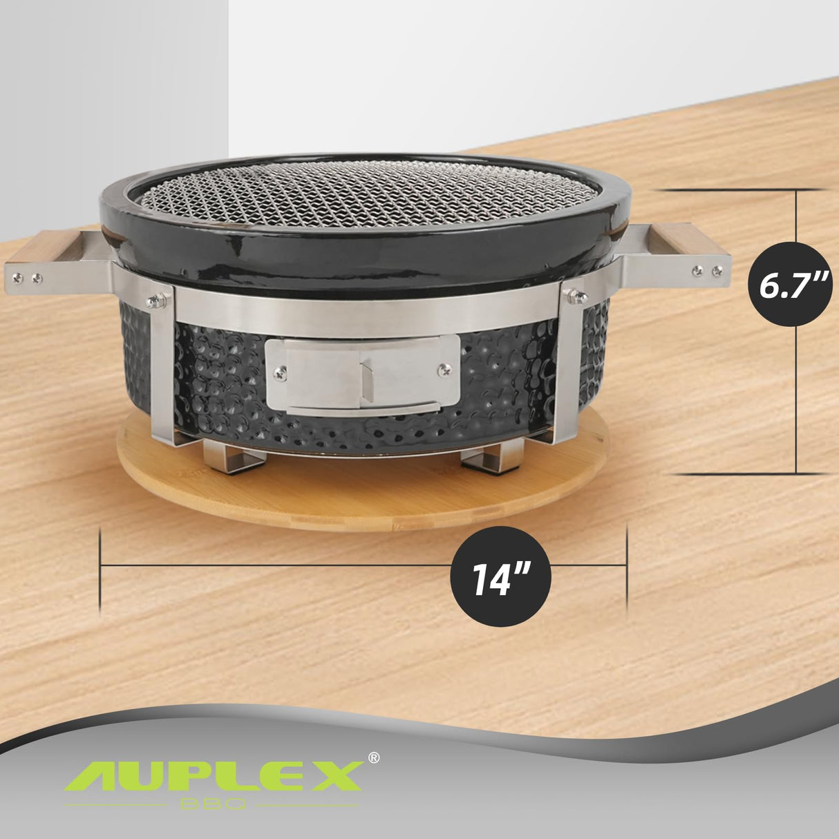 AUPLEX Yakitori Ceramic Charcoal Grill, Japanese Style Tabletop BBQ With Bamboo Heat Shield For Indoor/Outdoor, Round, DIA-14” AUPLEX