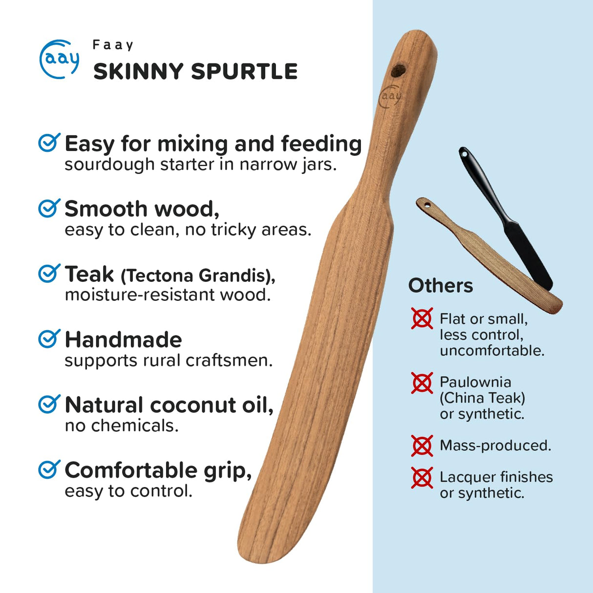FAAY Skinny Spurtle – Sourdough Mixer & Bread Stirring Spatula | Ideal for Dough Whisking, Mixing, Jar Scraping, & Reaching Bottom | Teak Utensil Tools for Starter, Baking, Sour dough Gift FAAY