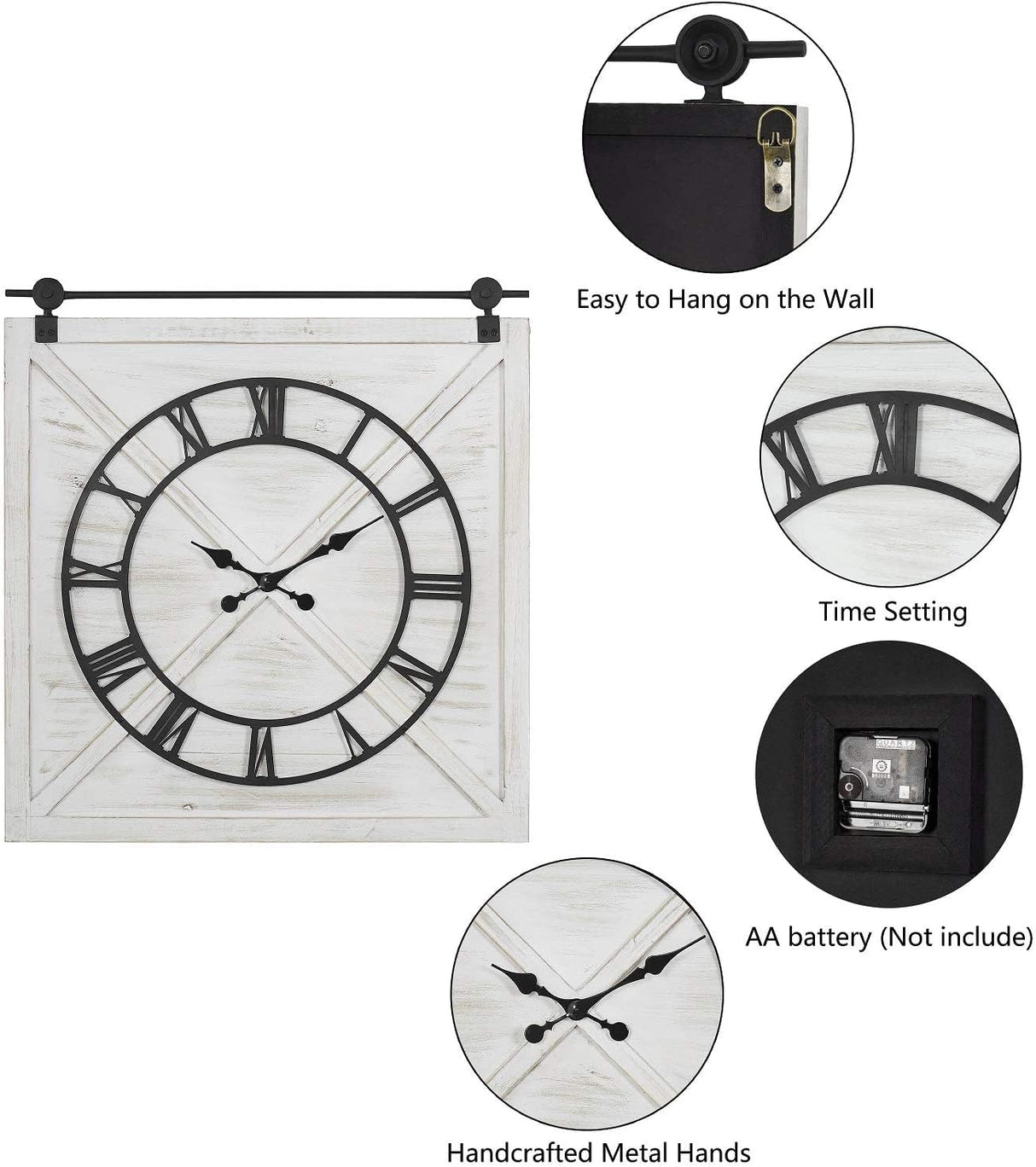 FLORA Large Farmhouse Wall Clock,Rustic Barn Door Wall Clocks for Living Room Decor, Battery Operated 29.5" H x 27" W, Whitewash FLORA