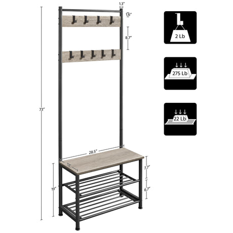 Yaheetech Coat Rack, Hall Tree with Shoe Bench, Entryway Shoe Storage with Coat Rack Stand, 9 Movable Hooks, Industrial Entryway Furniture, Gray Yaheetech