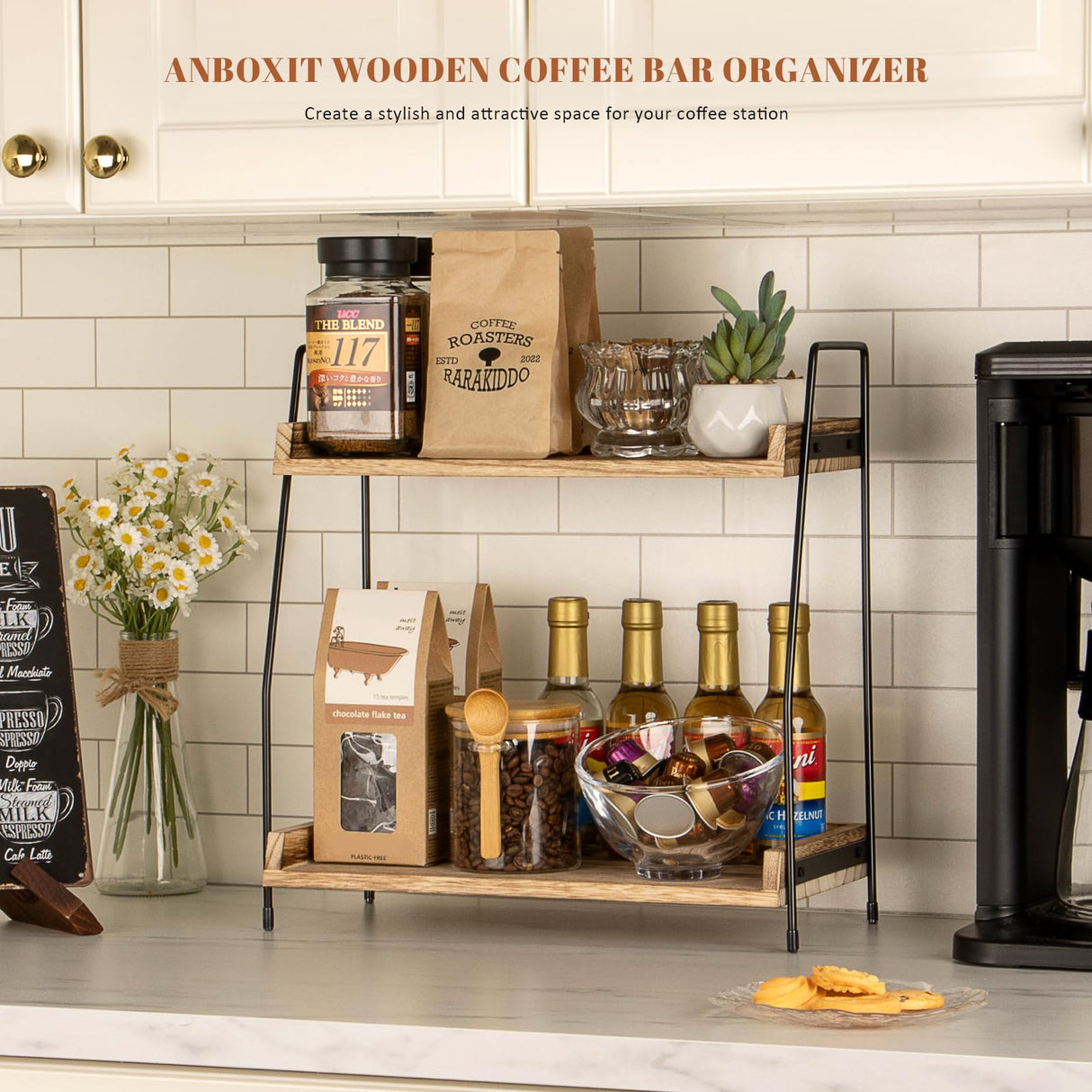 ANBOXIT Countertop Coffee Station Organizer, 2 Tier Wooden Shelf for Coffee Bar Accessories, Condiment Storage Caddy for Kitchen, Home, Office - Brown ANBOXIT