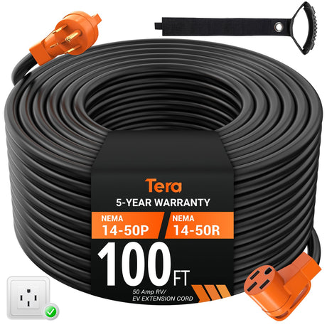 Tera Extension Cord 50 Amp RV & EV 100 FT: NEMA 14-50P to 14-50R UL Listed 6 Gauge 6 AWG 4 Prong 250V Heavy Duty with Grip Handle Cord Organizer 6/3+8/1 Gauge STW RV Power Cord for Tesla J1772 Tera