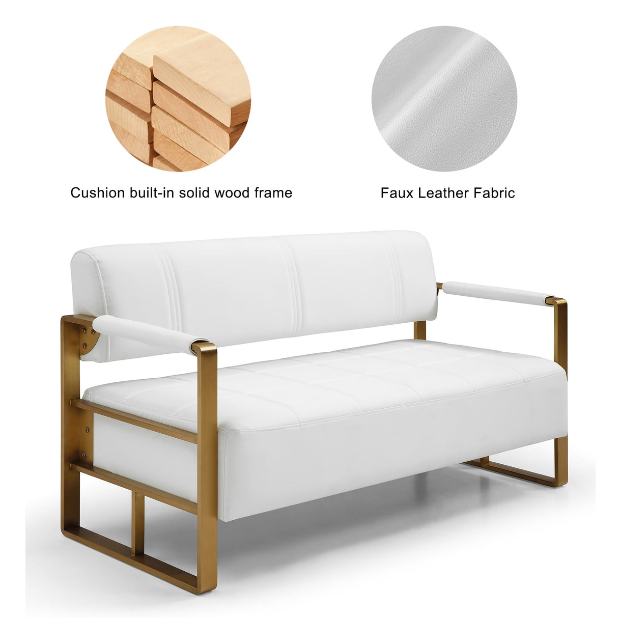 PBOGHLRD 57.9" Modern Leather Loveseat Sofa, Upholstery Faux Bonded Leather Accent Futon Couch with Metal Square Arms for Living Room, Office, Apartment (White) PBOGHLRD