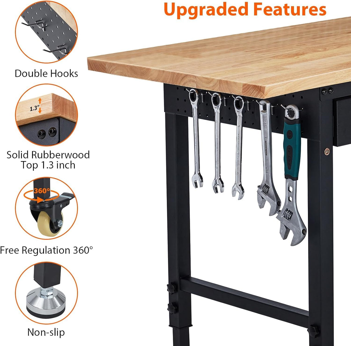 Workbench 60" x 22" Adjustable Height Worktable - Heavy Duty Rubber Wood Top with Drawer Storage, 2000 Lbs Capacity, Mobile Tool Storage Workstation with Power Outlets & Lockable Wheels Acekool