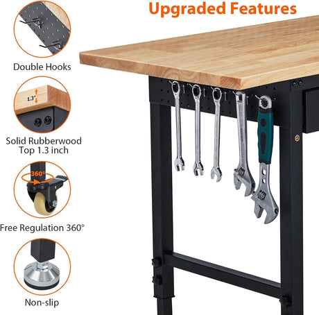 Adjustable Workbench with Drawer Storage 60" - Heavy Duty Rubber Wood Top Worktable, Rolling Workstation with Power Outlet & Lockable Wheels, 2000 Lb Capacity Hardwood Workbench for Garage, Workshop Euker