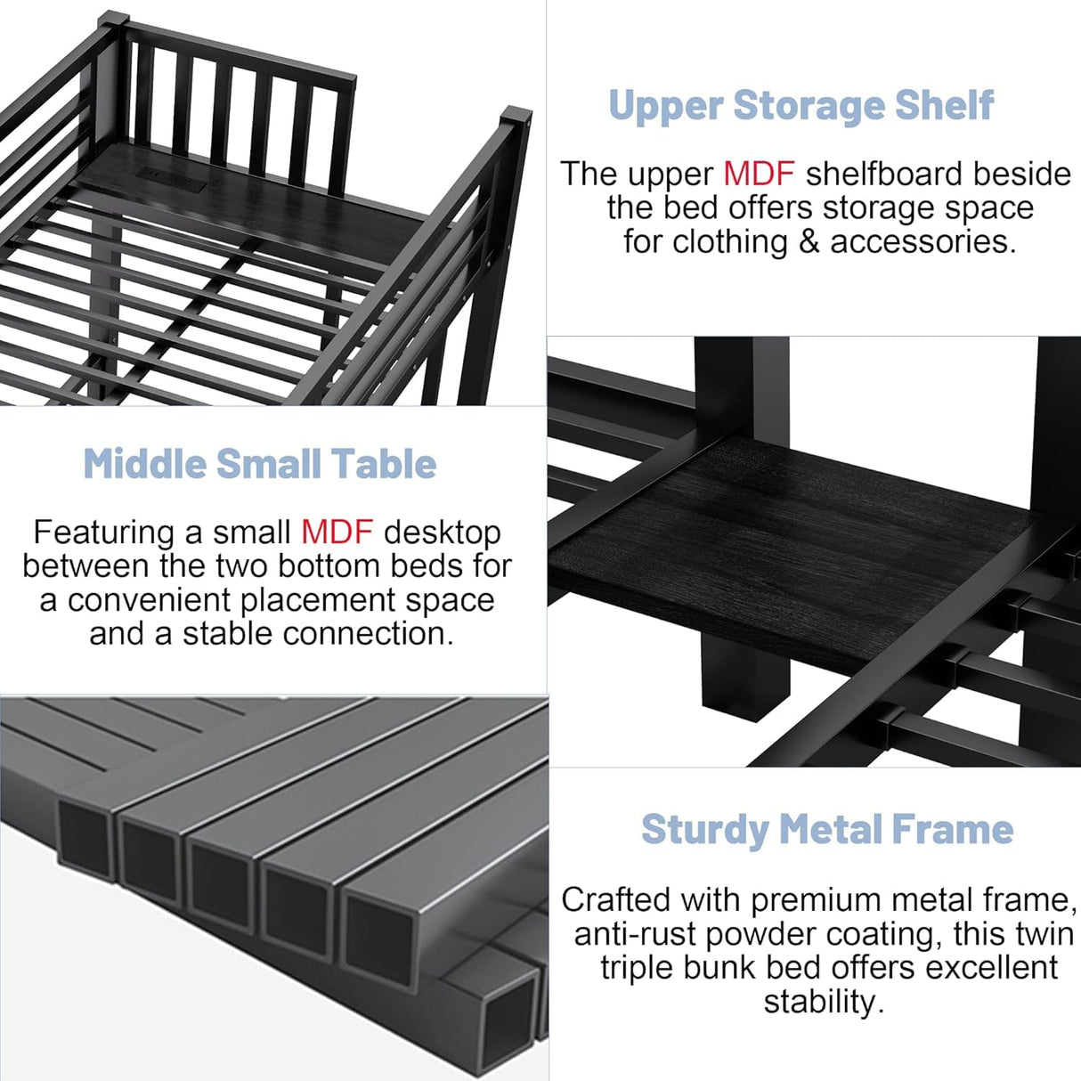 Triple Bunk Beds for Kids with LED Light, Heavy Duty Metal 3 Bunk Beds with Charge Station & Storage Shelf, Triple Bed for 3 Kids, Convertible Three Bunk Frame for Boys, Girls and Teens, Black Duxelifin