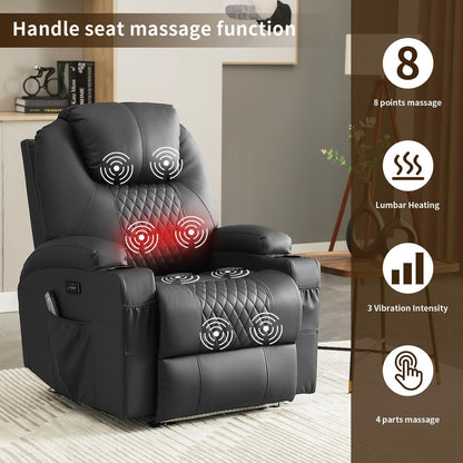 AHMED Power Recliner Chair, Home Theater Seating with LED Ambient Lighting, PU Leather Lazy Sofa Heat Massage Chair with Cup Holders/Side Pockets/USB Ports for Living Room (Black, Single)