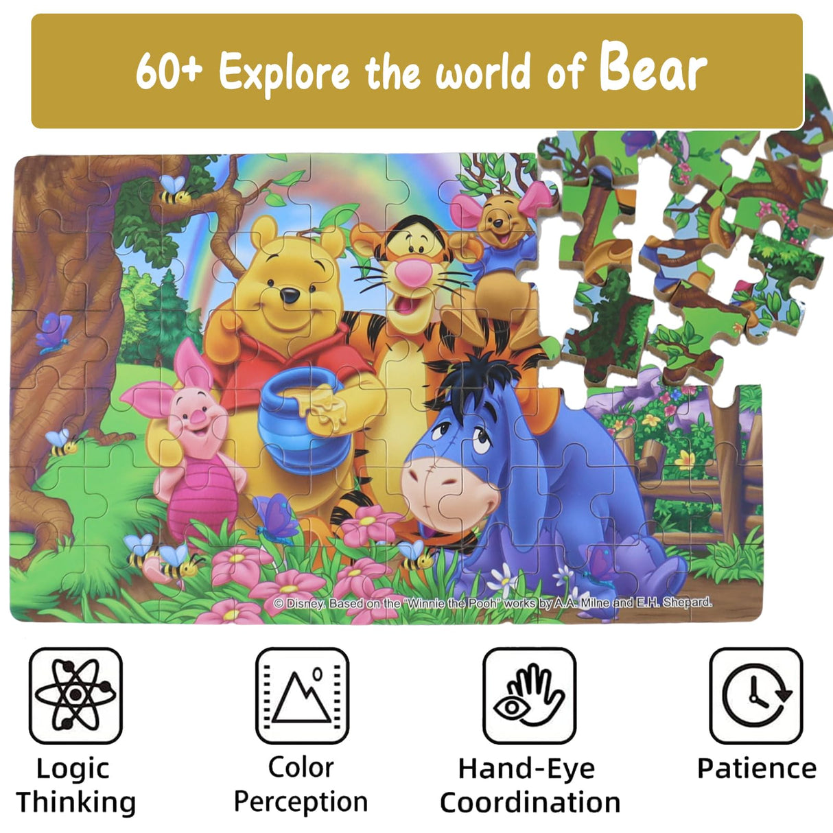 60 Piece Jigsaw Puzzles for Kids Ages 4-8 Winnie The Pooh Puzzle- Family Game Reduced Pressure Toy Gift for Children (2500) DPLEFO
