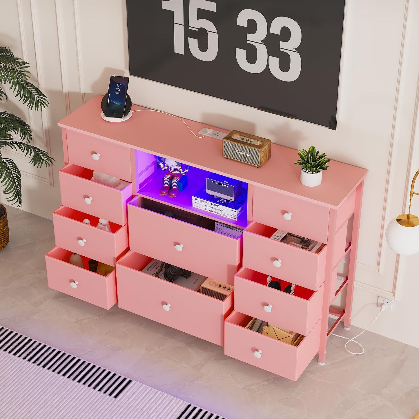 LDTTCUK Dresser with Charging Station and LED Lights, Pink Dresser for Girls Bedroom, Bedroom Long Dresser TV Stand with 10 Drawers, Fabric Wide Dresser Storage Organizer for Hallway, Kids Room