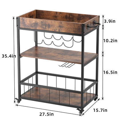 SogesHome Industrial Bar Cart Home, Wine Cart on Wheels with Shelf, Kitchen Serving Utility Cart Beverage Cart with Wine Rack and Glass Holder, Rustic Brown