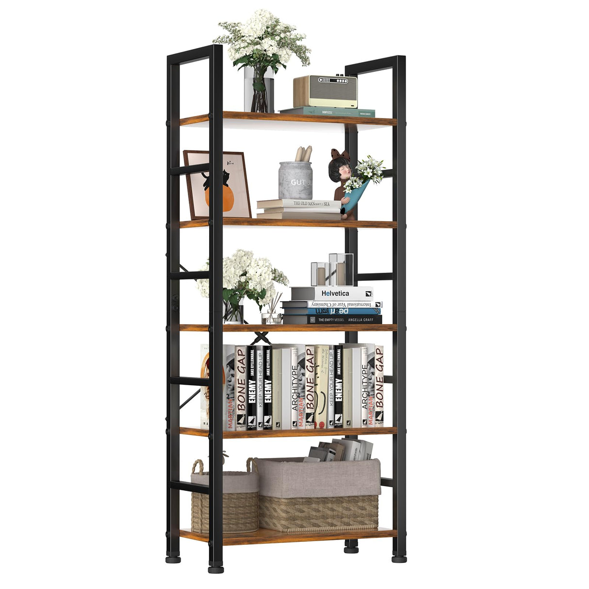 DUMOS Rustic Brown 5-Tier Tall Bookshelf - Industrial Storage Organizer for Home & Office DUMOS