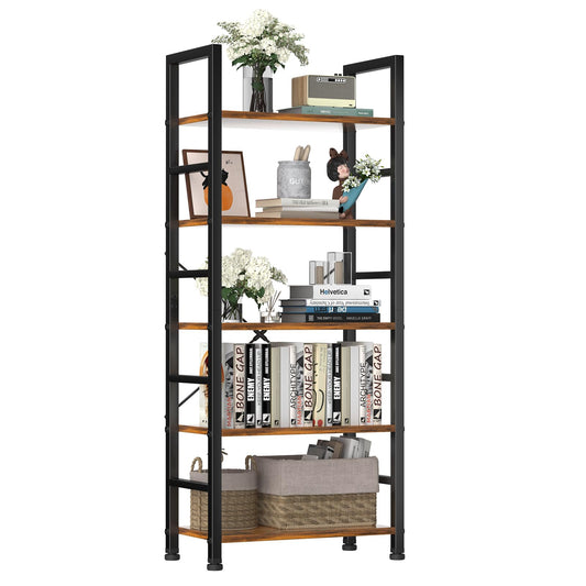 DUMOS Rustic Brown 5-Tier Tall Bookshelf - Industrial Storage Organizer for Home & Office - WoodArtSupply