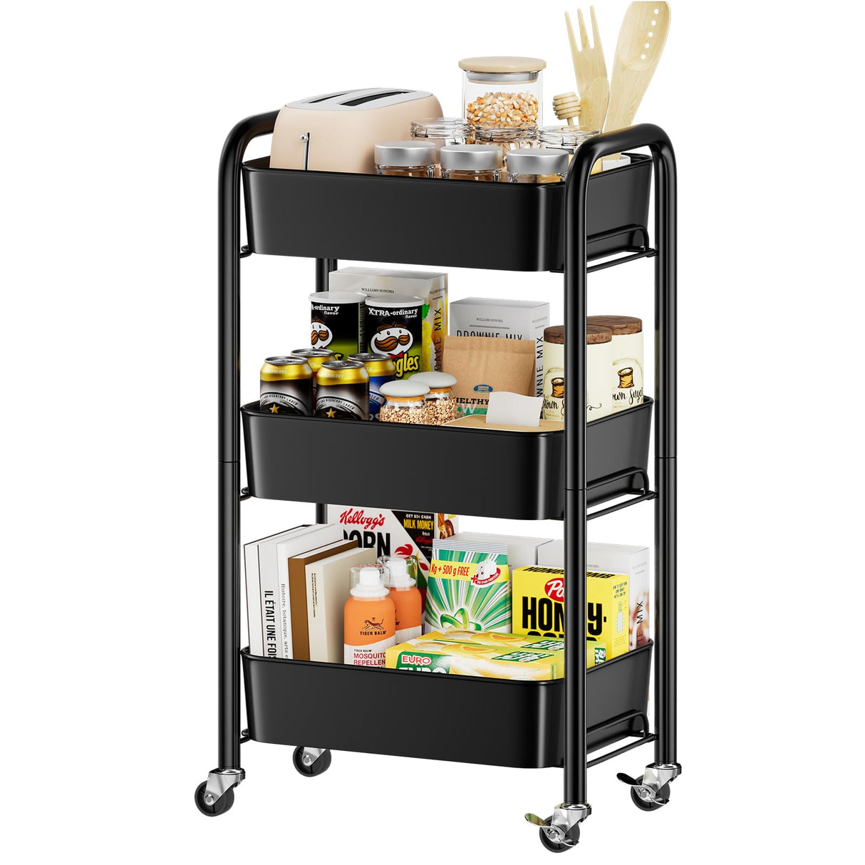 MWQ Heavy Duty Rolling Cart, Mesh Utility Storage Cart with Lockable Wheels for Kitchen, Bathroom, Office, 3-Tier Metal, Black MWQ