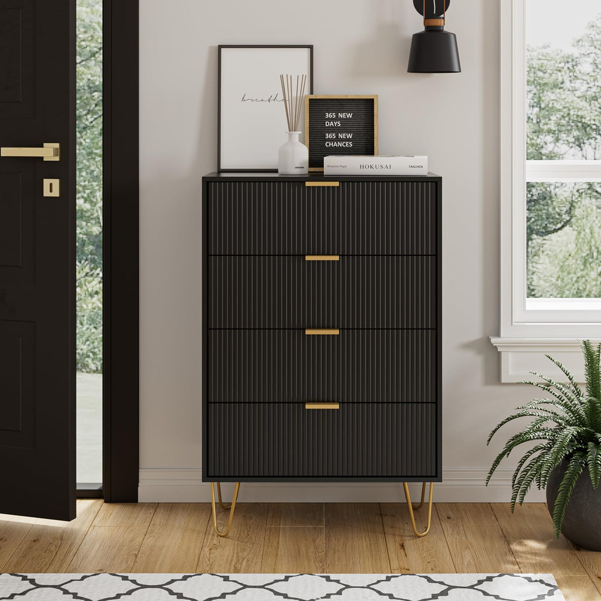 Masupu 4 Drawer Dresser, Drawer Chest, Tall Storage Chest Cabinet Organizer Unit with Metal Legs, Small Dresser for Bedroom, Living Room, Closet, Hallway Black Stripe Masupu