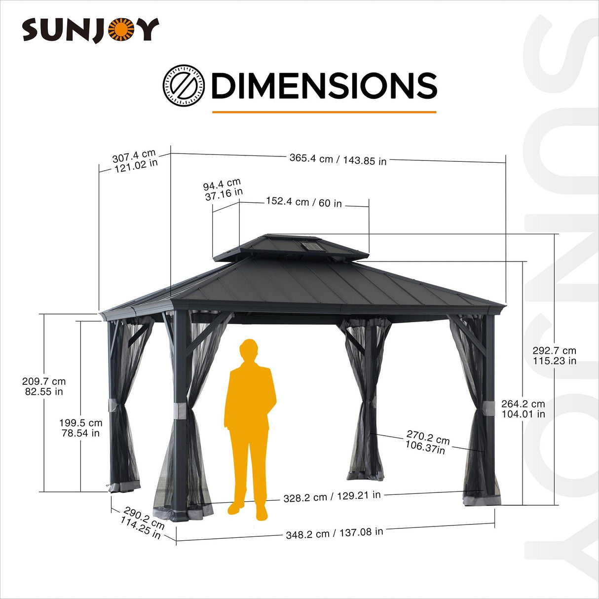 Sunjoy Hardtop Gazebo 10 x 12 ft. Outdoor Patio Aluminum Frame Gazebo with Solar Panel, 2-Tier Steel Hardtop Backyard Gazebo with Netting and Ceiling Hook, Black Sunjoy