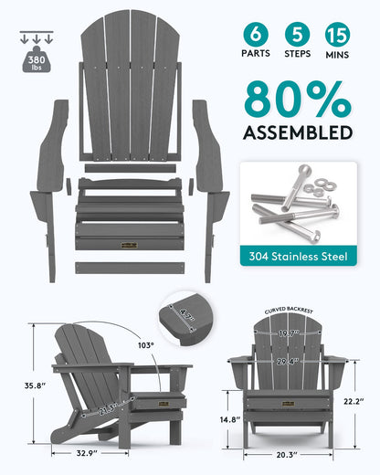 SERWALL Adirondack Chair for Patio Garden Outdoors Fire Pit- (Folding Gray) - WoodArtSupply