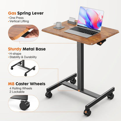 YSSOA Mobile Small Standing Desk - Rolling Desk with Adjustable Height and Lockable Wheels, Sit-Stand Laptop Table, Portable Computer Workstation, Brown