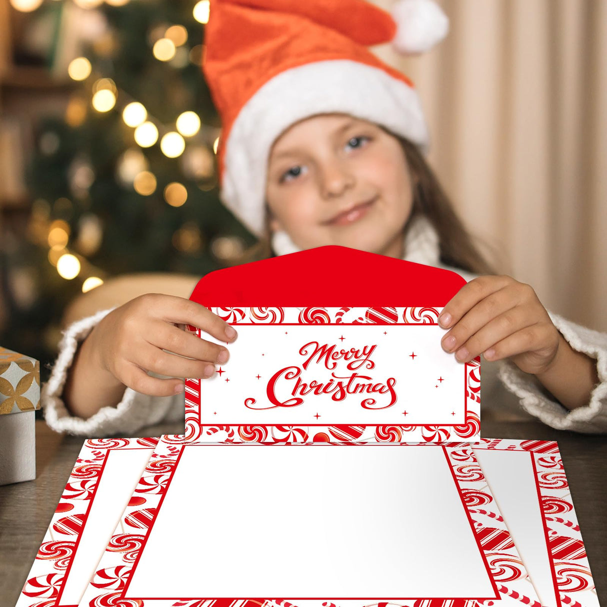 Lonfliness 50 Set Peppermint Christmas Letterhead with Paper Envelopes Candy Cane Christmas Border Computer Print Paper Stationery for Note Letters to Santa Invitations Office School 8.5 x 11 In Lonfliness