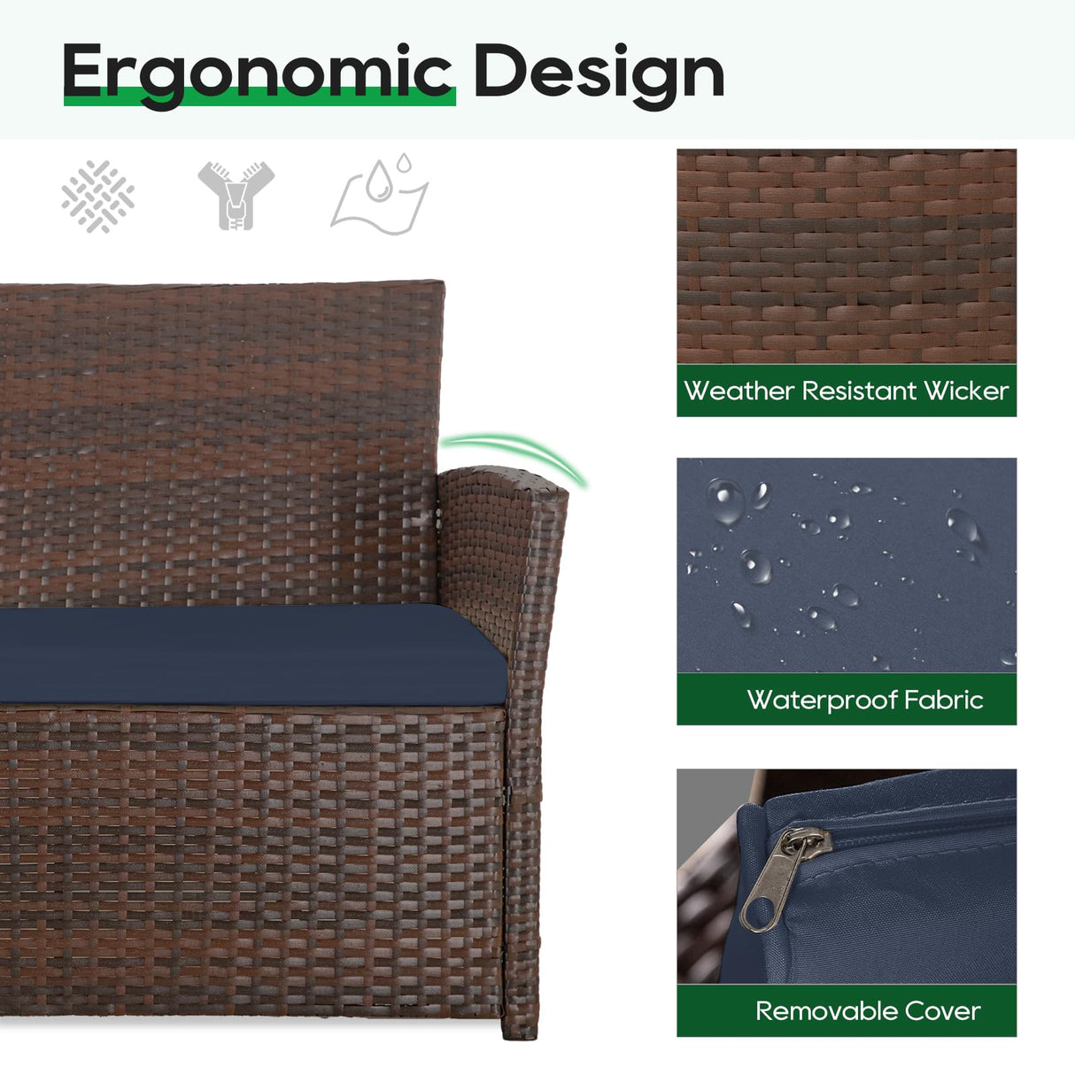 PORWEY Patio Outdoor Furniture 4 Pieces Sectional Sofa Set Balcony Furniture Wicker Rattan Chairs with Table and Loveseat for Garden, Porch, Backyard, Brown Wicker/Blue Cushion PORWEY