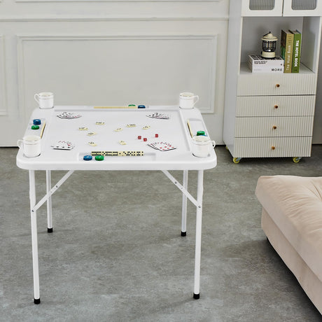 VEVOR Mahjong Table, Square 4 Player Folding Card Table with 4 Cup Holders & 4 Chip Trays, Portable Domino Game Table with 1 Set of Dominoes for Mahjong Poker Puzzles, 35.4 x 35.4-inch, White VEVOR