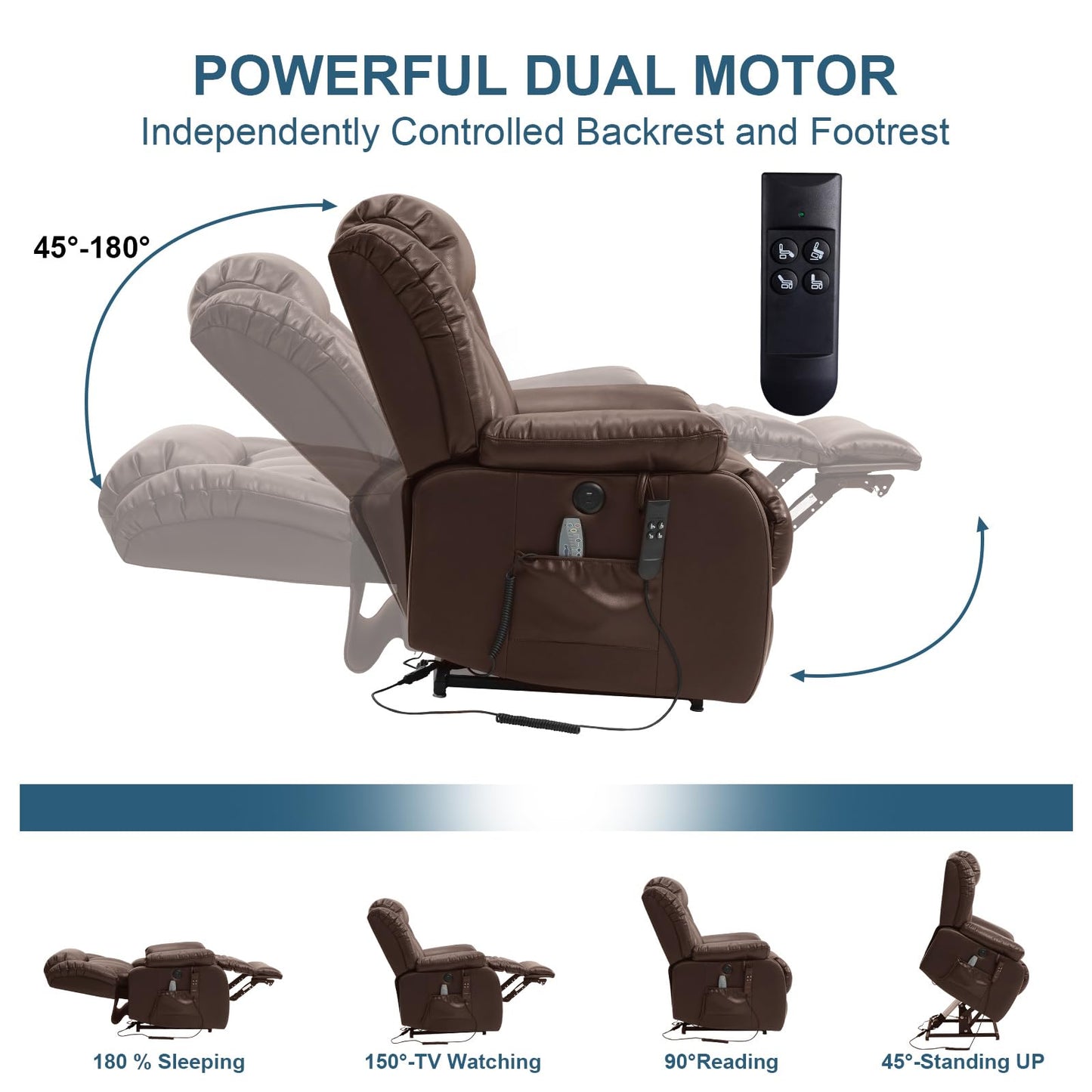 MEROUS Dual Motor Large Power Lift Recliner Chair for Elderly with Heat and Massage,Lay Flat Lift Chairs Recliners for Seniors Infinite Position,USB Ports&Remote, Genuine Leather (Brown)