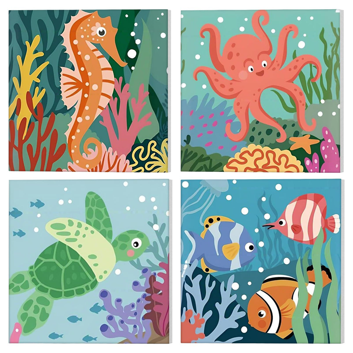 GHHKUD 4 Pack Framed Paint by Numbers Cartoon for Adults Beginners, DIY Cute Ocean Sea Animals Painting by Numbers with Wooden Frame, Art on Canvas Gifts Home Wall Decor 8x8in GHHKUD