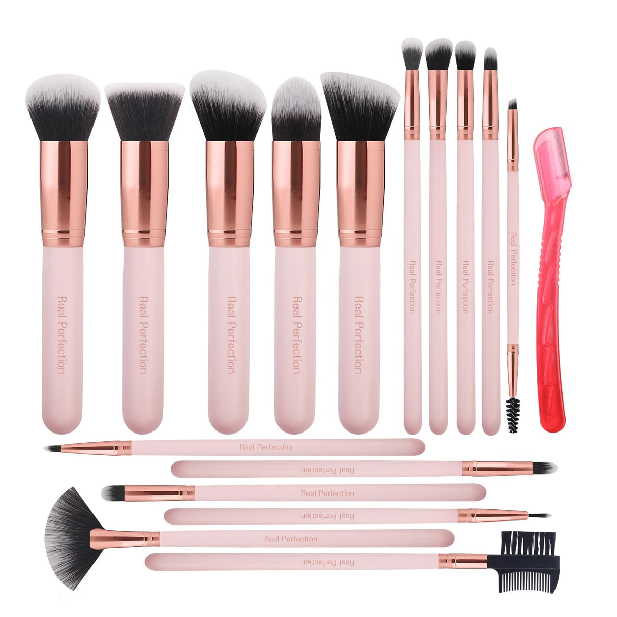 Real Perfection Makeup Brush Set 16 Pcs with 1 Eyebrow Razor Premium Synthetic Foundation Powder Concealers Eyeshadow Blush Makeup Brushes Make up Brushes Kit (Pink) Real Perfection