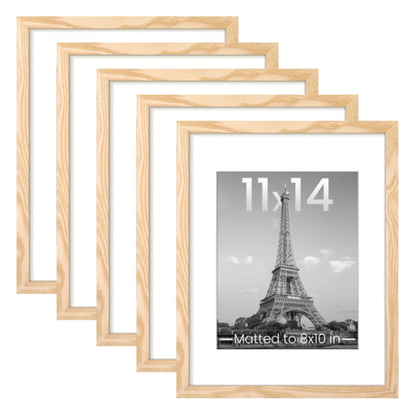 upsimples 11x14 Picture Frame Set of 5, Display Pictures 8x10 with Mat or 11x14 Without Mat, Wall Gallery Photo Frames, Natural upsimples