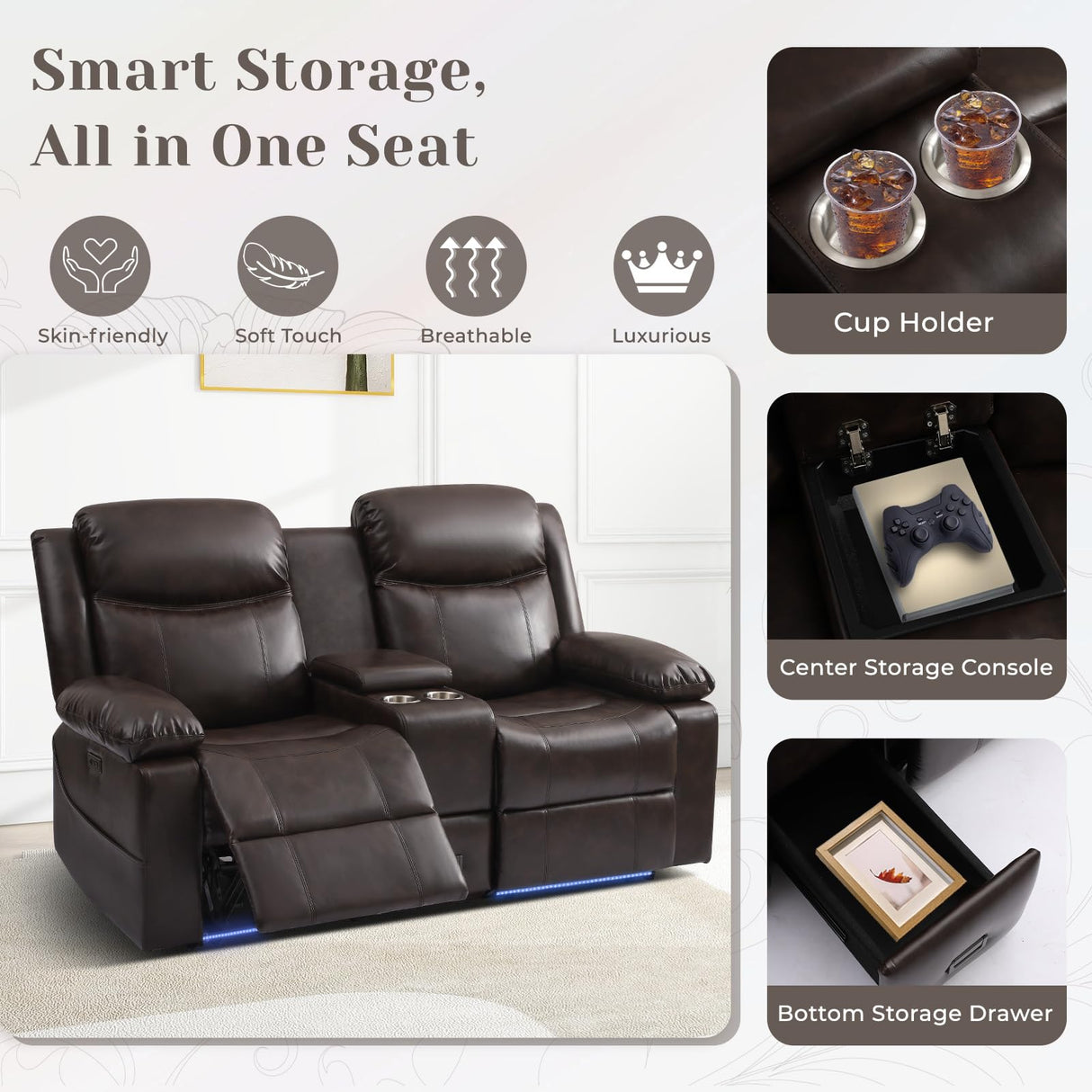 PALLOME Power Reclining Loveseat Sofa for Home Theater, RV Recliner Couch with USB Type-C, Console, LED Lights (Brown) PALLOME