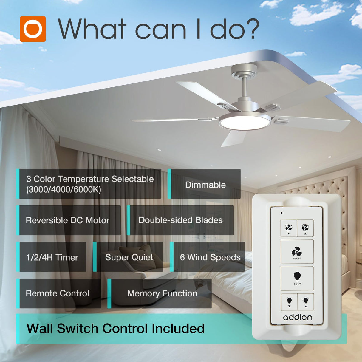 addlon Ceiling Fans with Lights, 52 inch Silver Ceiling fan with Light and Remote Control, Reversible, 3CCT, Dimmable, Noiseless, Ceiling Fan for Bedroom, Farmhouse, living room, Indoor/Outdoor Use addlon