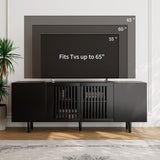 ROMMAK Boho TV Stand for 55-65 Inch TV, 4 Doors, Entertainment Center with Adjustable Shelf, TV Console with 4 Cabinets, Media Console, Solid Wood Feet, Cord Holes for Living Room, Bedroom, Black ROMMAK