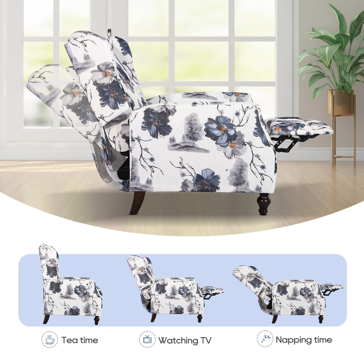 B BAIJIAWEI Wingback Recliner Chair - Tufted Arm Chair Recliner - Fabric Push Back Single Sofa for Living Room Adjustable Backrest (Pair, Blue Floral) B BAIJIAWEI