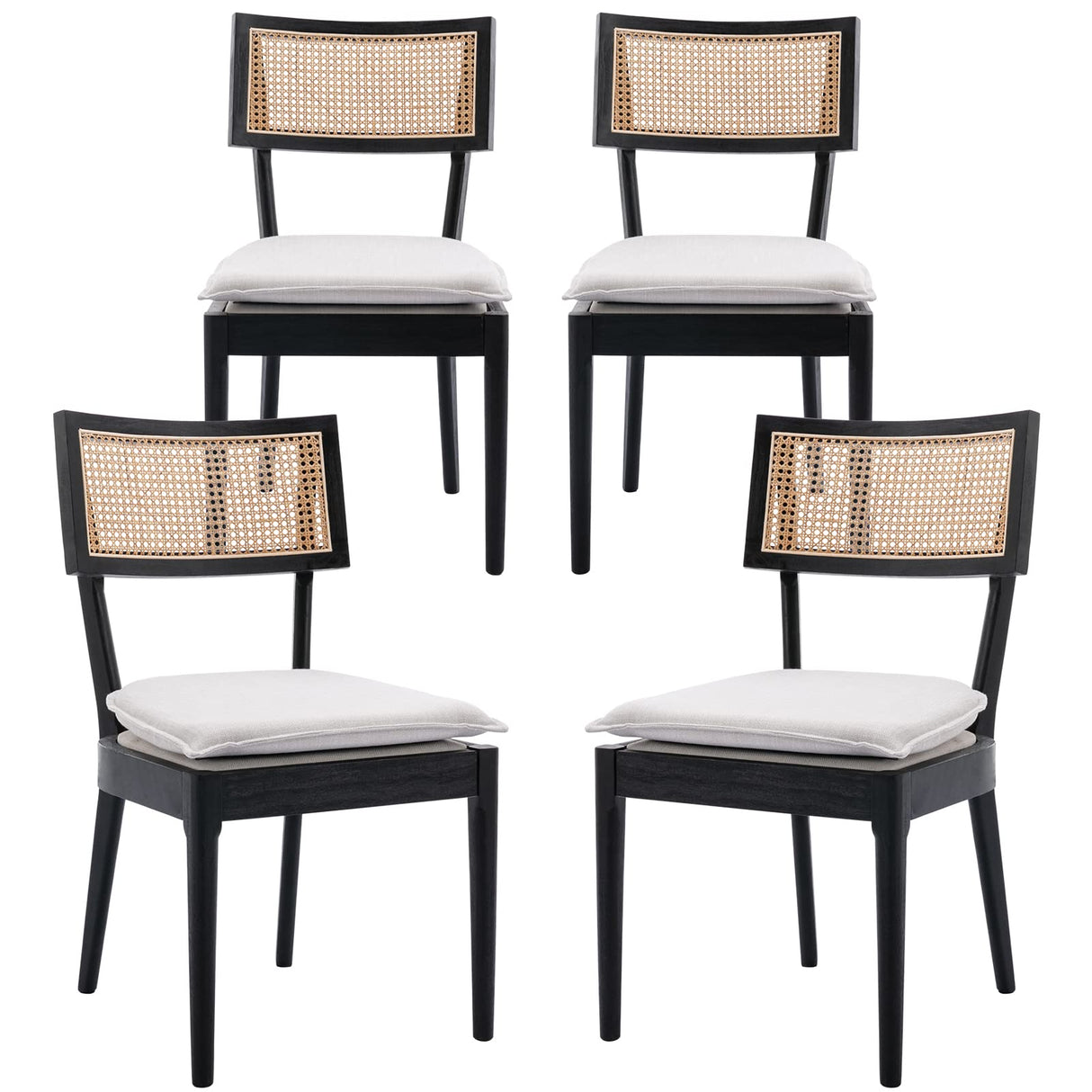 QUINJAY Rattan Farmhouse Dining Chairs Set of 4, Linen French Country Dining Chairs with Hollow Back, Double Upholstered Dining Room Chairs Rustic Kitchen Chairs with Wood Frame for Living Room, Black QUINJAY
