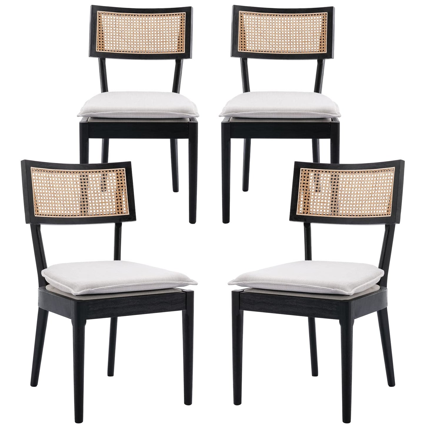 QUINJAY Rattan Farmhouse Dining Chairs Set of 4, Linen French Country Dining Chairs with Hollow Back, Double Upholstered Dining Room Chairs Rustic Kitchen Chairs with Wood Frame for Living Ro - WoodArtSupply