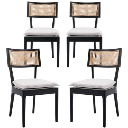 QUINJAY Rattan Farmhouse Dining Chairs Set of 4, Linen French Country Dining Chairs with Hollow Back, Double Upholstered Dining Room Chairs Rustic Kitchen Chairs with Wood Frame for Living Ro - WoodArtSupply